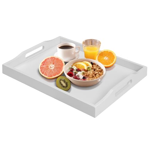 Bamboo Food Serving Tray with Handles, Breakfast Bed Tray for Tea,Snack,Dinner, Home Decorative Storage Food, Platter, Ottoman for Kitchen Counter, Bathroom, Restaurant (White) - color: White