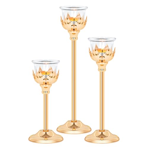 Set of 3 Metal Tea Light Candle Holder with 3 Glass Cups, 12/10/8 Inch Elegant Tealight Candelabra Centerpiece for Wedding Table Decor, Tiered Home Party Decoration (3, Gold) - color: Gold