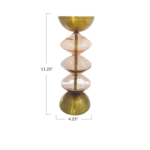 Bloomingville Reclaimed Glass and Metal Decorative Pillar Candle Holder, Gold and Pink