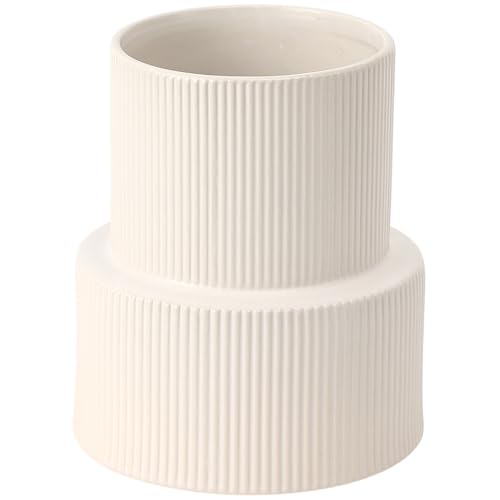 White Ceramic Vase, Large Ceramic Vase for Flowers, Decorative Vases for Boho Decor, Modern Ribbed Vase, Pampas Grass Vases for Living Room, Office, Mantel, Shelf, Dinning Table, 7.5 Inches - color: White, size: Large Ribbed