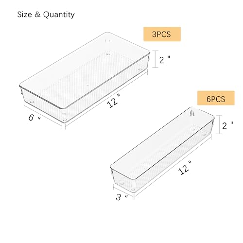 3 Pack Clear Plastic Drawer Organizer Tray Cutlery Utensil Makeups Drawer Silverware Organizers 12" X 6"&12＂X3＂(9Pack) - size: 9 Pack Mixed Sizes (12"x3", 12"x6") Clear Plastic
