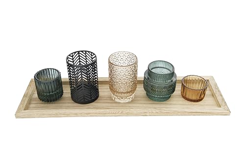 Bloomingville 5-Piece Embossed Glass and Metal Tealight Candle Holders in a Wood Tray, Multicolor