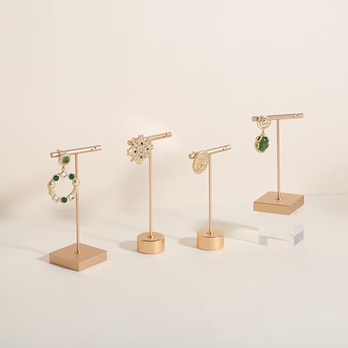 Golden earring display stand for selling, Metal earring T bar holder for show, Jewelry earring storage organizer, jewelry photography props (Square base-Golden-Low) - color: Gold, size: Low