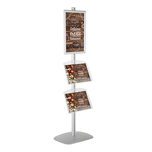 M&T Displays Free Standing Aluminum Display Stand Single Sided Document Brochure Sign Holder Front Loading Portrait Landscape Silver Snap Frame 1x(11x17) and 2 pcs Clear Acrylic Shelf 2x(8.5x11) Inch - color: Silver