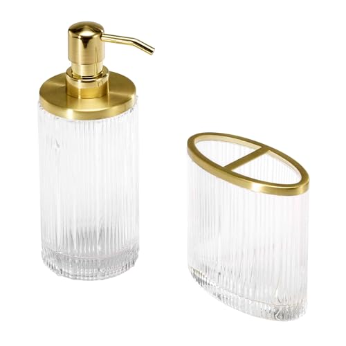 Nicole Miller - Bathroom Set, 2pc Glass Countertop Accessories, Dorm Room Essentials (Louise Collection, Clear) - size: 2pc Bath Set