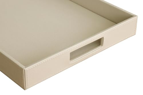 HofferRuffer Rectangle Serving Tray with Hole Handles for Coffee Table, Breakfast, Tea, Food, Butler - Countertop, Kitchen, Vanity Serve Tray, 16.2 x 12.2 x 2 inches, Faux Leather (Dark CreamWhite) - color: Dark Creamwhite, size: 16.2" x 12.2" x 2"