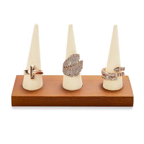 Oirlv Natural Solid Wood 3-Ring Jewelry Display Stand Creamy White Ring Organizer Holder - color: 3 Wood Creamy-white