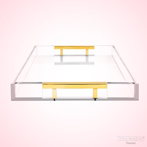 Modern 16"x12" Rectangle Acrylic Lucite Plastic Decorative Serving Tray with Gold Polished Stainless Steel Metal Handles Home Decor Ottoman Coffee Table Makeup Perfume Display Vanity By Home Redefined - color: Clear/Gold