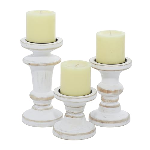 Deco 79 Wood Decorative Candle Holder Candle Stand, Set of 3 Candlestick Holder 8", 6", 4"H, White - color: Beige