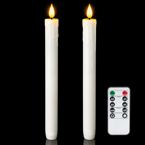 Homemory Real Wax Flameless Taper Candles with Remote Timer, 9.6 Inches White LED Flameless Candlesticks, Dripless Battery Operated Window Candles Flickering Pack of 2 for Fireplace Xmas Halloween - style: Farmhouse - White 9.6"