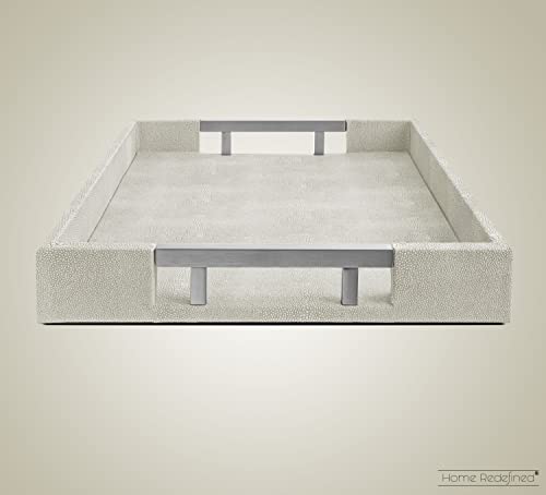 Modern Elegant 17.5"x12" Rectangle Natural Ivory Beige Faux Leather Shagreen Decorative Tray Ottoman Coffee Table Perfume Vanity Kitchen Serving Tray with Silver Metal Handles by Home Redefined. - color: Natural/Silver