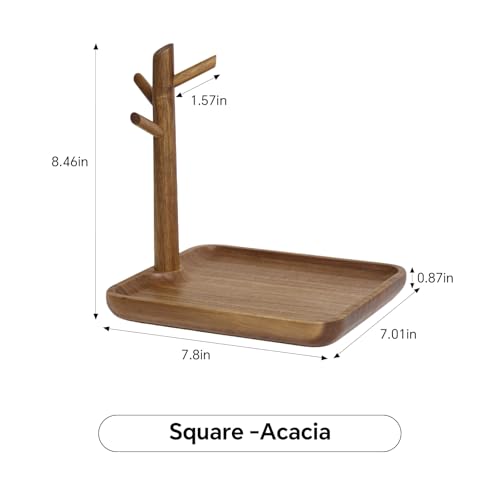 Solid Acacia Wood Key Tray and Bowl for Entryway Table - Jewelry Tray With 3 Hooks, Open Storage for Wallet, Glasses, Watches, Lipstick (Acacia, Square) - color: Acacia, size: Square