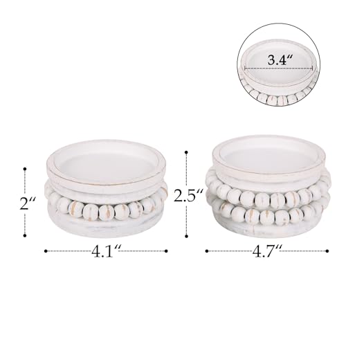 NIKKY HOME Farmhouse Beaded Wooden Candle Holders Set of 2, Rusitc Solid Wood Pillar Candlesticks Pedestal, Fireplace Mantle Table Centerpiece Decor, Distressed White
