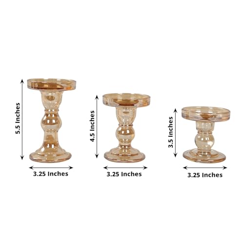 Efavormart Set of 3 Amber Gold Premium Glass Pillar Candle Holders with Round Candle Tray, Crystal Ball Stem Taper Candlestick Stands Tea Light Holders with Stable Base - 3.5",4.5",5.5" - color: Type10