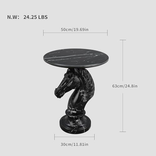 Modern End Table Living Room Horse Statue Black Contemporary‌ Faux Marble Night Stand Side Table with Horse Head Base Reception Area & Bedroom（Width 19.69" ——Tall 24.5"） - color: Black Gold Striped Personalized Horse Head Table