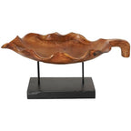 Deco 79 Teak Wood Leaf Decorative Sculpture Floating Home Decor Statue with Black Stand and Base, Accent Figurine 21" x 11" x 10", Brown