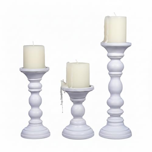 Mela Artisans Wooden Pillar Candle Holders | Willow Design | Set of 3 Mango Wood Candlesticks | Matte White | Sizes 6" & 9" & 12" | Table Decor | Centerpiece | Mantel | Wedding | Living Room Decor - color: Matte White