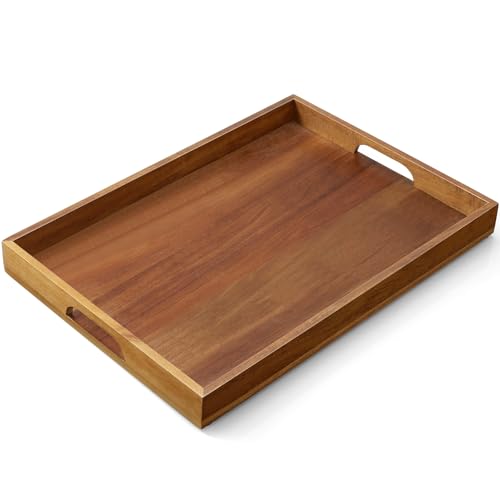 17 Inch Acacia Wood Serving Tray with Handles, Large Wooden Tray for Ottoman, Breakfast in Bed, Coffee Table, Dinner, Perfect for Living Room Bedroom Entryway and Kitchen - color: Acacia, size: 12" x 1.6" x 17"