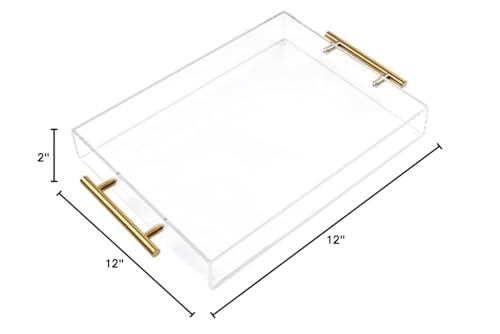 12"x12" Clear Acrylic Serving Tray with Golden Handles, Sturdy Huge Capacity Acrylic Trays for Coffee, Juice, Kitchen and Desk Organizer, Storage Tray (12"x12") - size: 12" x 12" x 2"