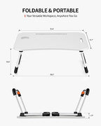 FISYOD Foldable Laptop Table, Portable Lap Desk Bed Table Tray, Laptop Stand with Cup Holder & Tablet Slot & Lifting Handle for Working Writing Drawing & Eating (White) - color: White