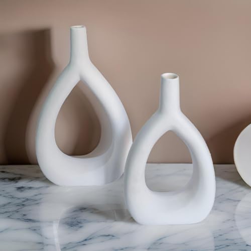 Ajuny Oval Vase Set of 2 – White Ceramic Decorative Vases, Farmhouse Style Modern Accent for Wall Decor, Bedroom, Living Room, Coffee Table, Office - style: Oval-Vase