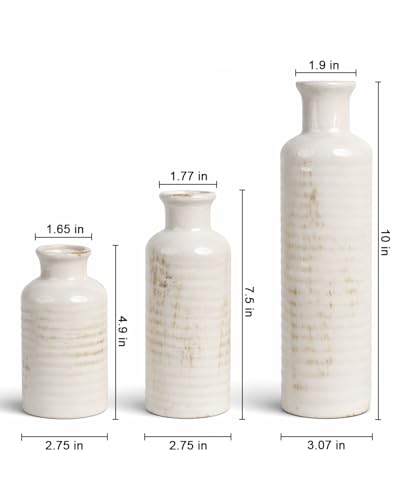 White Ceramic Vase Set of 3 – Ribbed Texture Crackle Glaze Bottle Vases for Rustic Farmhouse Table Centerpiece, Shelf & Mantel Decor - color: White02