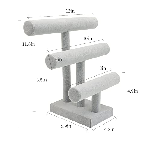 Wudygirl Ice Velvet Bracelet Display Stand with 3 Tier T-Bar Removable Bangle Holder Organizer for Bracelet Necklace Watch Hair Ties(Ice Velvet) - color: Gray, size: M