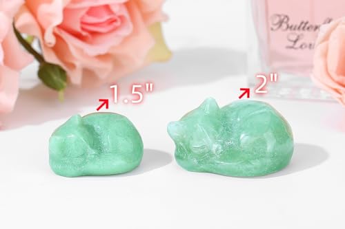 QINJIEJIE 2 Inch Green Aventurine Cat Crystals Statue Sleeping Cat Figurines Decor Gifts Healing Stone Carved Cute Kitten Polished Gemstones Reiki Sculpture Office Desk Home Room Decoration Gifts - color: G-green-green Aventurine, size: 2 inches