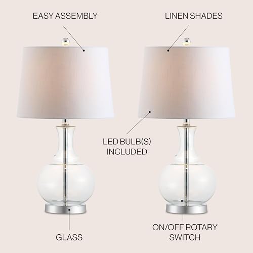JONATHAN Y 25" Clear/Chrome and Brass Gold Glass Table Lamp Set of 2 for Bedroom, Modern Bedside Lamp for Living Room Nightstand, White Linen Drum Shade, LED Bulb Included (JYL1068B-SET2) - color: Clear