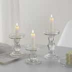 Glass Candle Holders, 3 Pieces Crystal Clear Candlesticks with Elegant Design for Pillar Taper Candle and Tea Light