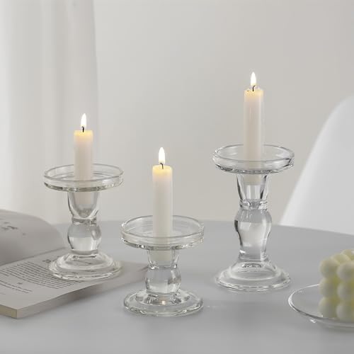 Glass Candle Holders, 3 Pieces Crystal Clear Candlesticks with Elegant Design for Pillar Taper Candle and Tea Light