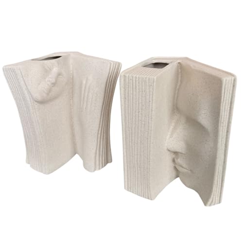 Ceramic Vase Bookends - Unique Decorative Bookend Flower Vases - Set of Two at 6.5in (16.5cm) Height - Cream White Matte Finish Modern Design - Aesthetic Home Office Library Decor