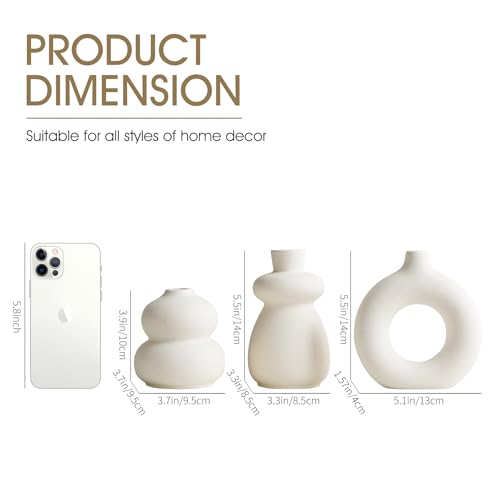 White Ceramic Vase Set of 3 Small Flower Vases for Home Decor, Modern BohoVase for Pampas Grass, Round Decorative Vases Table Centerpieces for Wedding Living Room Shelf Coffee Table (White Vase - A) - color: White Vase - a
