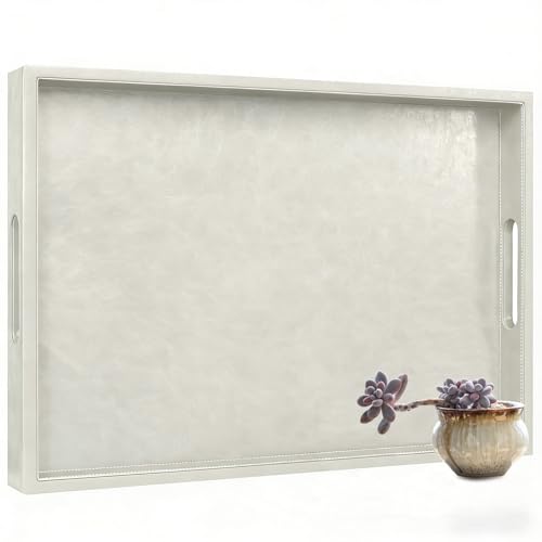 18x12 inches Leather Ottoman Serving Tray with Hole Handles, Rectangle Modern Service Tray for Living Room, Coffee Table, Bed, Tea, Food, Butler Countertop, Kitchen, Dinner, Picnic (White) - color: White, size: 18" x 12" x 2"