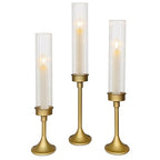 Gold Hurricane Candle Holders - Brass Candlestick Holders Set of 3 Tall Taper Candlesticks Fluted Glass Candle Stick Holder Decor for Wedding Party Christmas Mantel Dining Table Centerpieces