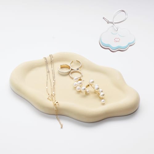 Jewelry Dish Trinket Tray for Women, Ring Dish Holder, Unique Cloud Shape Ceramic Plate Cute Things Vanity Aesthetic Room Decor Mother's Day Birthday (Flocked Custard) - color: Flocked Custard