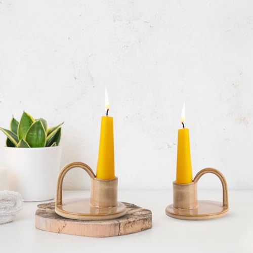 Ceramic Taper Candle Holders with Handle (Set of 2) – Tall Candlestick Holders for Table Decor Centerpieces, Rustic Home Décor, and Dinner Table Styling Tan - color: Tan