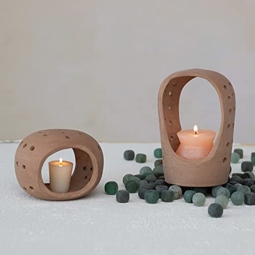 Creative Co-Op Handmade Terracotta Candle Holder with Cutouts - size: 6"L x 5"W x 5"H