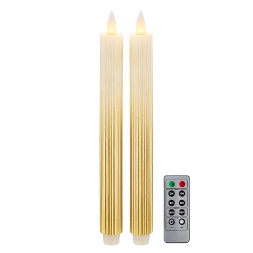 Flameless Taper Candles Flickering with Remote and Timer, 3D Moving Flame Taper Candle Battery Operated to 400 Hours, 9 Inch Window Candles, (Gradient Gold-Vertical Stripes) - color: Gradient Gold-Vertical Stripes