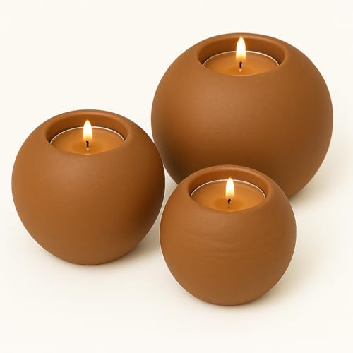 Concrete Sphere Tea Light Holder - Minimalist Centerpiece - Candle Holder - Modern Interior Design (Brown, Set of 3 Sizes) - color: Brown, size: Set of 3 Sizes