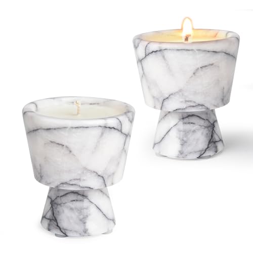 Scented Candle in Handmade Marble Container |1 Set | Soy Wax | Non-Toxic | Reusable Stone Jar | Story of Stone | Distinctive Gift. Natural Spring Aromatherapy for Women & Men - color: Fressia&Marble container