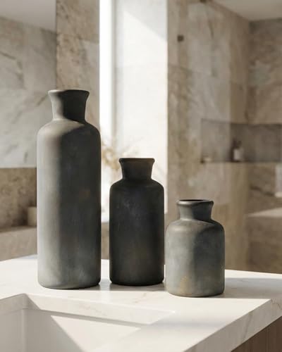 Black Ceramic Vases Set – Rustic Vintage Matte Decorative Flower Vases with Brushed Gold Effect for Home Decor, Living Room, Dining Table & Mantel Centerpieces - color: Black