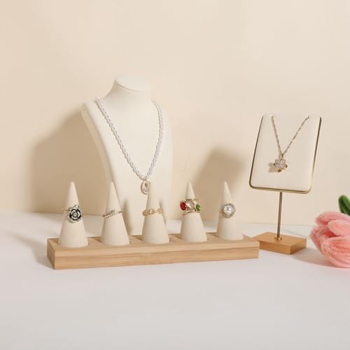 GemeShou Beige wood ring storage organizer, Velvet Jewelry ring display holder, Cute ring display stand for selling, wedding ring holder at nightstand【Beige with five cone】 - size: Large