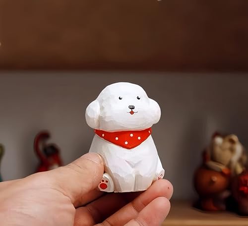 Hand-Carved Wooden White Teddy Dog Figurine, 2.7" White Puppy Statue with Base for Car Dashboard, Desk & Home Decor, Gift for Dog Lovers - color: White Teddy