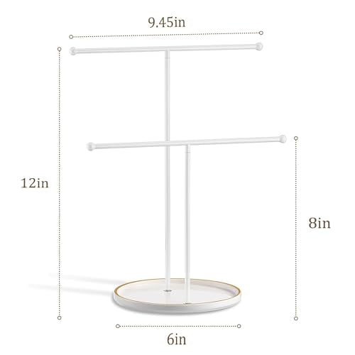 White Jewelry Holder Stand with Ceramic Tray: Small Hanging Necklace Organizer Tree for Earrings, Bracelets, Rings – Jewelry Display Hanger for Women & Girls, White - color: white tray white bar