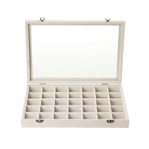 Frebeauty Velvet Jewelry Tray,35 Grid Jewelry Organizer with Clear Lid,Earring Holder Organizer Case with Clasp,Drawer Insert for Rings Studs,13.8 x 9.5 x 2 Inches,Gift for Women Girls(Beige) - color: Beige, size: 35 Grid
