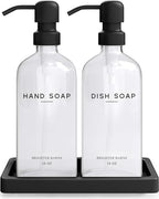 Glass Hand and Dish Soap Dispenser Set by Brighter Barns - Kitchen Soap Dispenser Set with Tray, Stainless Steel Pump - Glass Bottles for Sink - Black Kitchen Accessories for Home, Hotel, Gift (Clear) - color: Clear Hd