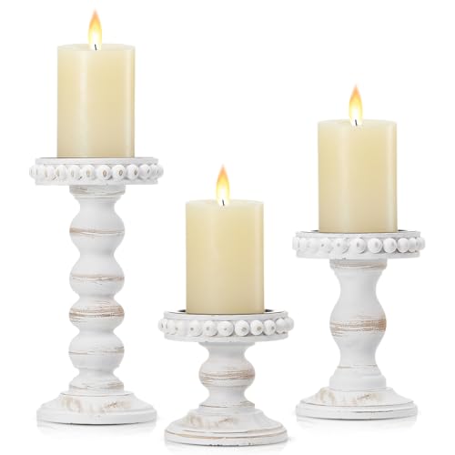 Mumufy 3 Pcs Candle Holders for Pillar Candles Rustic Farmhouse Home Decor Decorative Washed Beaded White Black Wood Candle Holder Country Style for Table Mantel Fireplace Wedding (White,Small) - color: White, size: Small