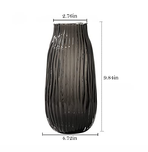 Black Grey Glass Vase for Flowers,Dark Grey Bud Tall Glass Vases,H-12.0" Simple Striped Design for Home Floor Decor,Farmhouse Decor, Centerpiece Coffee Table Decorations - color: Smoke Grey, size: H-12.0IN