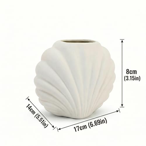 Ceramic Shell Vase, Matte White Decorative Vase for Home Decor, Modern Coastal Flower Vase for Pampas Grass, Small Tabletop Vase for Living Room Shelf Bedroom Entryway